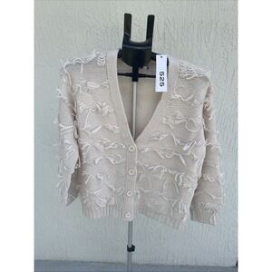 525 America Beige Oversized Textured Fringe V Neck Button Cardigan Sweater S NWT